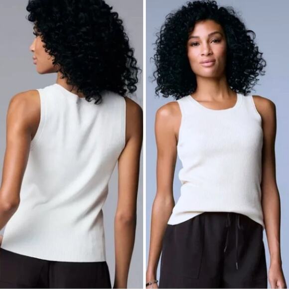 Simply Vera Wang Cream Ribbed Sleeveless Crewneck Sweater Top Large Ivory Beige - Picture 1 of 10